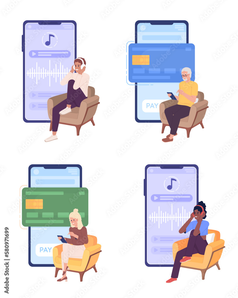 Poster using mobile apps in daily life flat concept vector spot illustration set. editable 2d cartoon chara