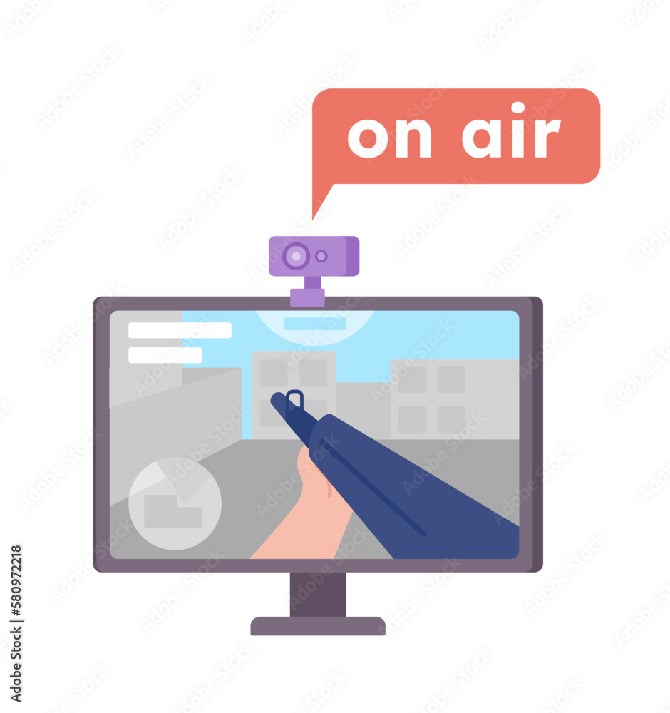 Poster computer game in live stream semi flat color vector device screen. editable icon on white. simple ca