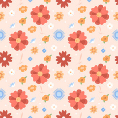 Bright floral ornament seamless pattern background. Fully editable 2D flat color illustration. Trendy cartoon vector graphics. Creative backdrop image for textile, fabric, wallpaper design