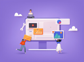 A team of people is developing a website by filling it with functions, concept vector illustration for the development of websites and mobile sites. 3D Web Vector Illustrations.