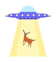 Flying saucer abducting forest stag semi flat color vector icon. UFO. Editable object. Full sized element on white. Simple cartoon style spot illustration for web graphic design and animation