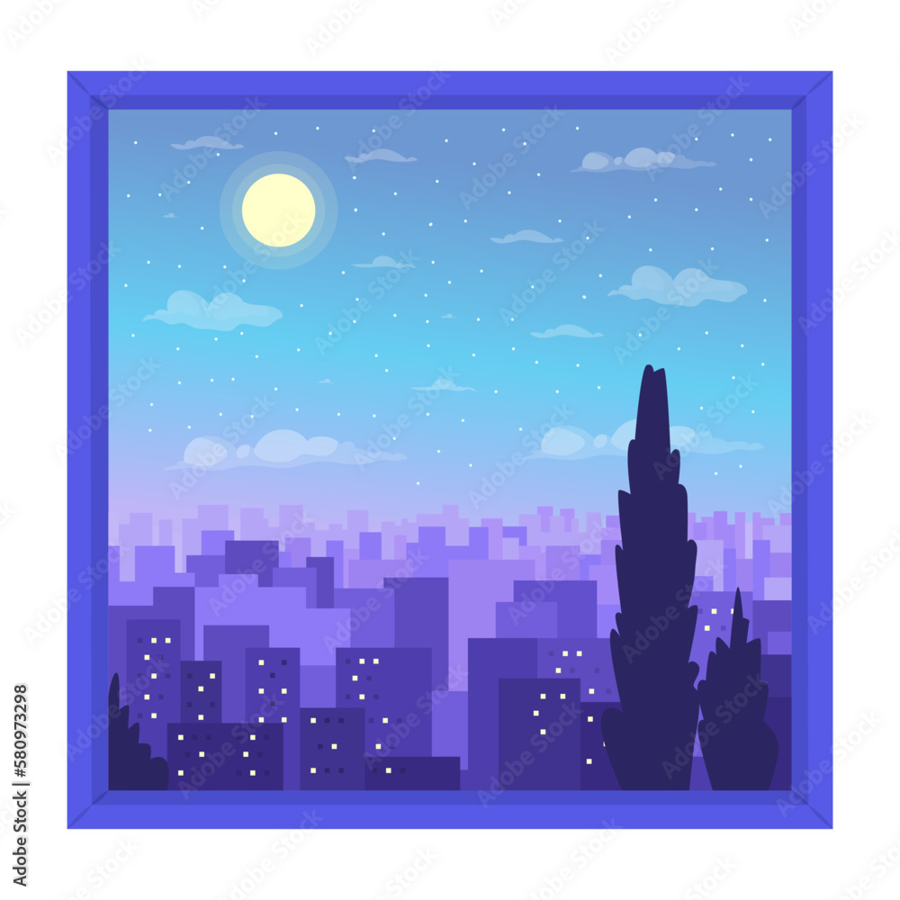 Poster nighttime cityscape view from window semi flat color vector icon. editable object. full sized elemen