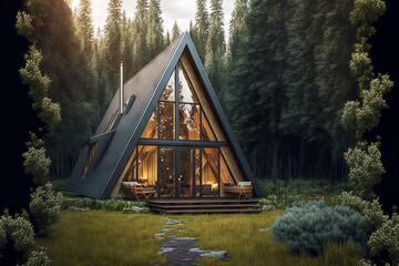 small country cottage in form of a-frame cabin near forest, created with generative ai - obrazy, fototapety, plakaty