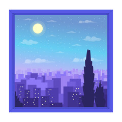 Nighttime cityscape view from window semi flat color vector icon. Editable object. Full sized element on white. Simple cartoon style spot illustration for web graphic design and animation