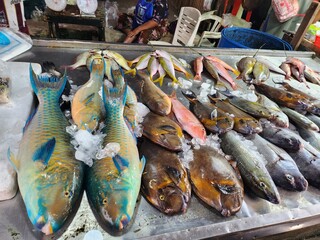 A lot of fresh fish on the counter with ice at the fish market in Thailand on the island of Phuket