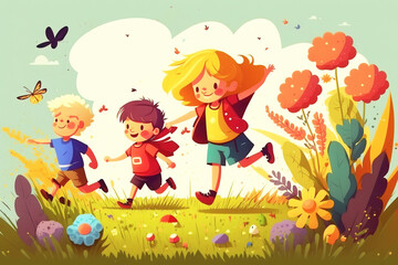 Obraz na płótnie Canvas Children run happily on a meadow with flowers, cartoon illustration, generative ai 