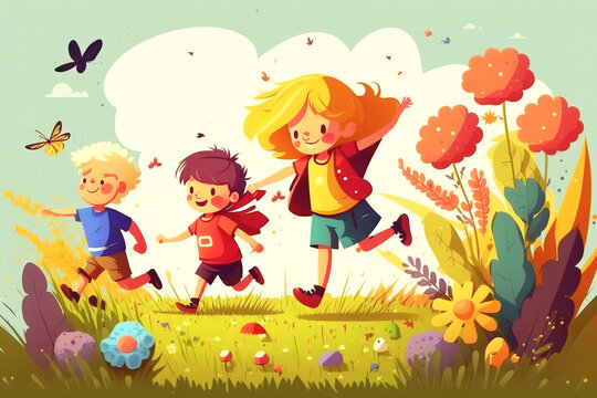 Children run happily on a meadow with flowers, cartoon illustration, generative ai

