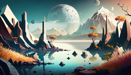 landscape with moon and stars