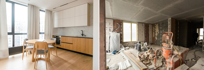 Comparison snapshot of a big beautiful room in a private house before and after reconstruction,...