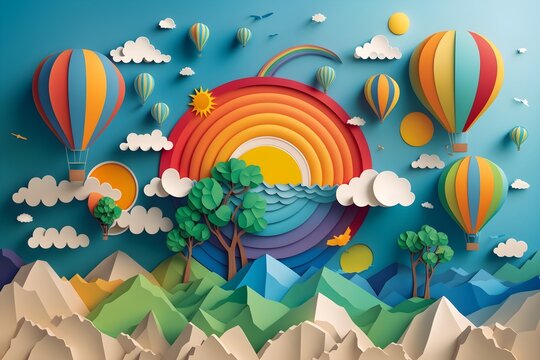 A group of hot air balloons flying over a forest filled with trees and mountains in a rainbow paper cut style colorful flat surreal design on blue sky, Generative AI