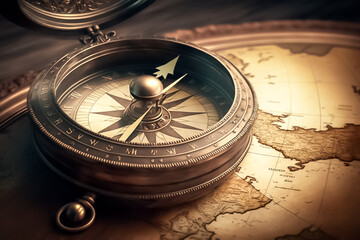 generative AI, vintage Luxury Golden compass on the classic vintage world map in sunlight shining