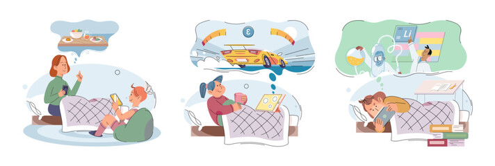 Children at home with phones and tablets set. Kids, toddlers use smart technologies lying in bed before going to sleep. Kids surfing social media, playing game, chatting by video call and use internet
