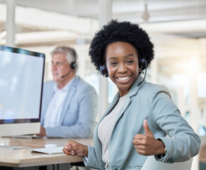 Happy, portrait and black woman in a call center with a thumbs up for online support and thank you....