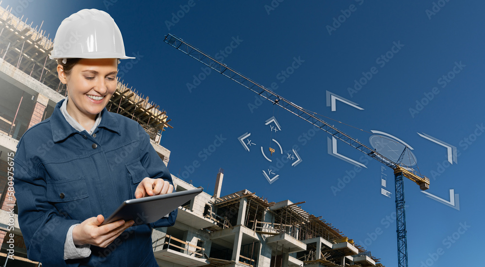 Aufkleber woman with a digital tablet controls a remote-controlled unmanned crane. digital transformation in c