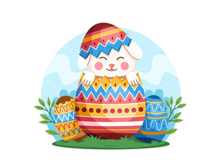 A cute Easter bunny is hatching from a decorated Easter egg, surrounded by colorful Easter eggs and foliage
Illustration of a cartoon bunny greeting Easter Day.
Perfect for greeting card, web, etc.