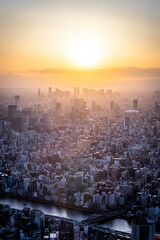 Tokyo at sunset from above in Japan.