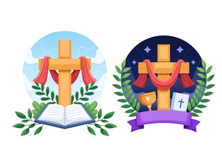 A beautiful design illustration of a cross and a Bible adorned with floral elements.
A beautifully designed illustration of a cross and a Bible, symbolizing the Christian faith and its teachings.