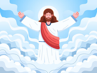 Jesus ascending to heaven on Ascension Day with a blue sky background and white clouds.
Illustration of Ascension Day, featuring Jesus Christ ascending to heaven after his resurrection.