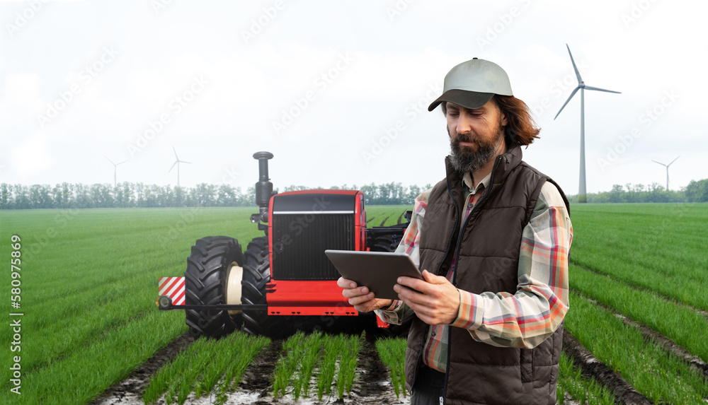 Poster Farmer with digital tablet controls an autonomous tractor on a smart farm