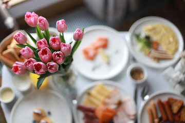 Festive breakfast in the room, March 8, mother is day