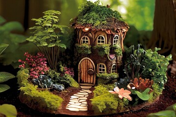 Fairy House Toadstool Whimsical Fern Lush Green Earth Garden Warden Rock Stone Background Scene
