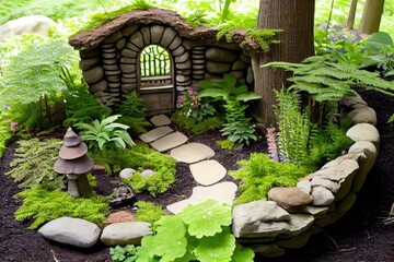 Fairy House Whimsical Fern Lush Green Earth Garden Warden Rock Stone Background Scene