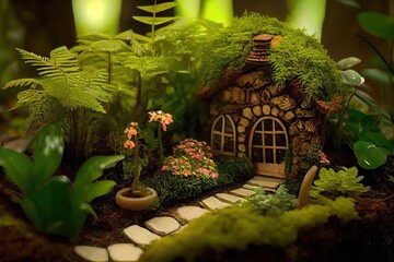 Fairy House Toadstool Whimsical Fern Lush Green Earth Garden Warden Rock Stone Background Scene
