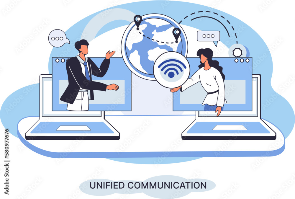 Poster unified communication metaphor. characters use wireless telephony connection. telecommunication syst