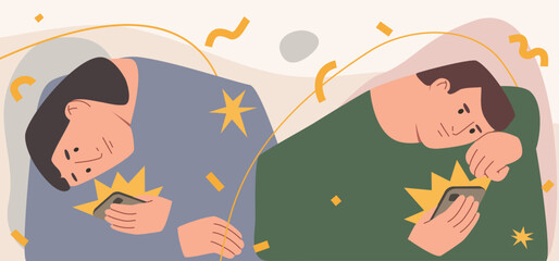 People using mobile phones, internet or social network. Internet, smartphone addiction concept. Hand drawn vector cartoon style illustration. 