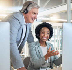 Call center, training and business people teamwork, collaboration and telemarketing advice, mentor...