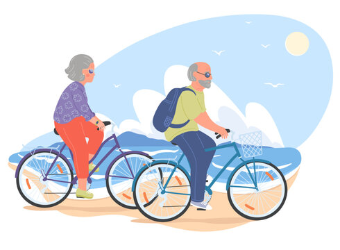 Senior couple on bikes. Senior woman and senior man cycling on the summer sea beach. Healthy lifestyle, sport, transportation concept vector illustration.