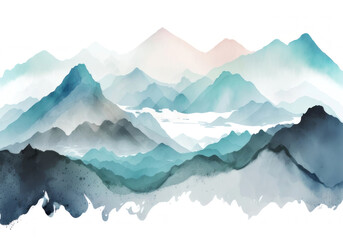 Watercolor light blue silhouettes of mountains. AI generative.