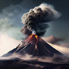 Erupting volcano against dark sky, stock illustration