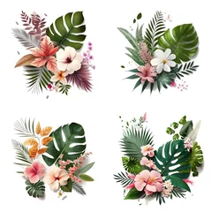  Flower Bouquet Summer Tropical Leaves White Background, Beautiful Flowers on White Background, Top View And Flat Lay Style Created With Generative Ai Technology © Supermarket Flowers
