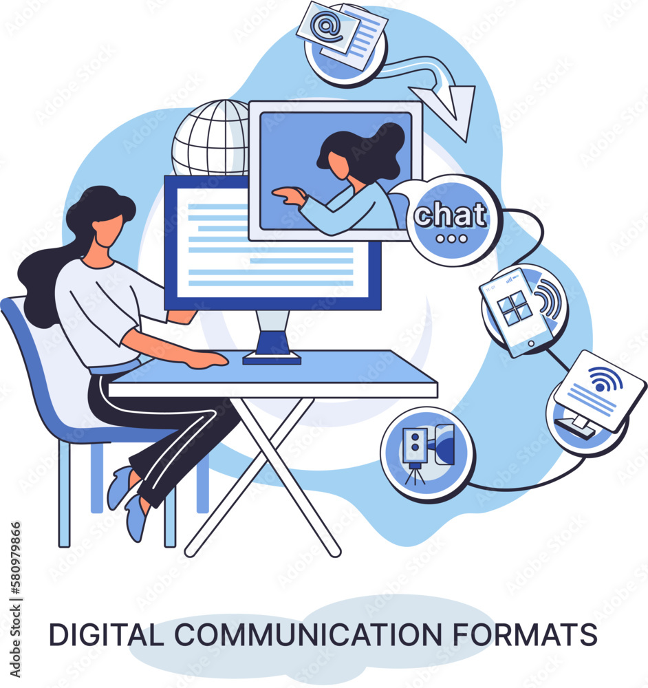 Poster digital communications formats. chat messages smartphone, sms on mobile phone screen, computer appli