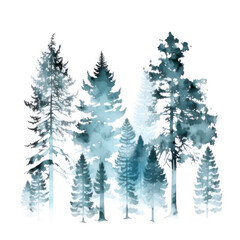 Obraz premium Watercolor green silhouette of a pine forest. AI generative.