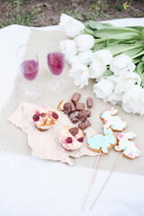 Easter picnic party. Easter treats, gingerbread and candies.  