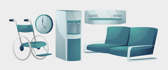 Set Collection Hospital Hall. Wheel Chairs, Sofa, Air Conditioners, Clocks, Dispenser
