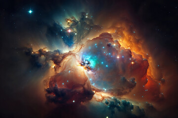 Fototapeta na wymiar Glowing huge nebula with young stars