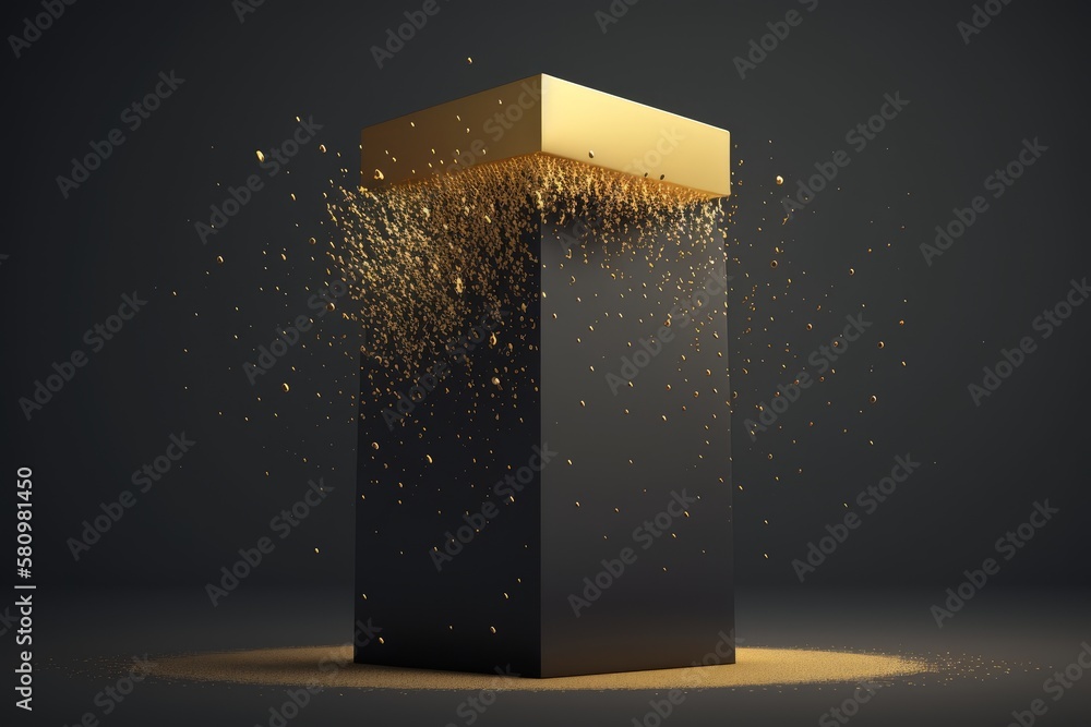 Poster abstract generative ai rendering of a black box with gold dust particles.