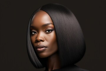 african black girl with bob hairstyle looking at camera isolated on background. Close-up portrait. Beauty cosmetology concept. Generative Ai