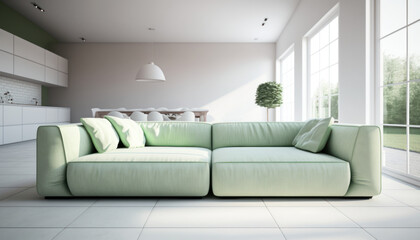Grand canapé moderne dans un intérieur épuré blanc d'un grand appartement ou villa design