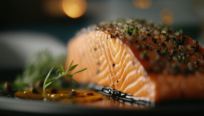 Pavé de saumon avec herbes de Provence, sur le grill cuit à point. Prise de vue macro - obrazy, fototapety, plakaty