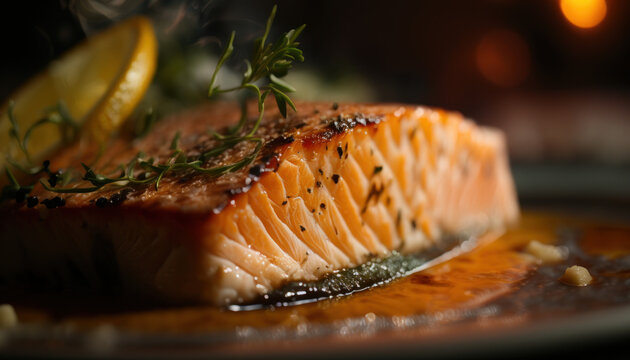Pavé de saumon avec herbes de Provence, sur le grill cuit à point. Prise de vue macro