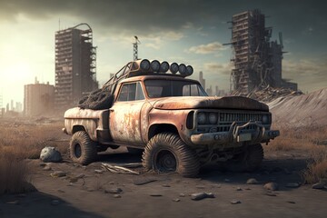 Obraz premium Generative AI of a rusty off-road vehicle in the desert