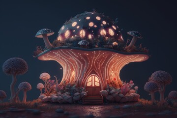 fantasy landscape with fantasy mushroom house. Generative AI illustration.