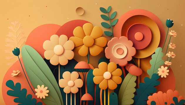 The retro 70's flowers background boasts a retro look with bright and bold flowers in a variety of colors. Generative AI