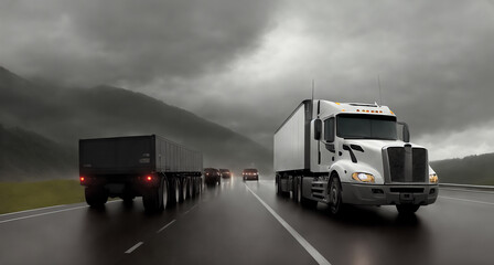 A truck is driving on the road. Dark dramatic landscape as background, gloomy sky with rainy clouds, forest and hill. Generative AI.