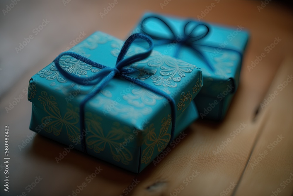 Poster two blue-wrapped boxes are piled on top of each other on a wooden table in this close-up. generative