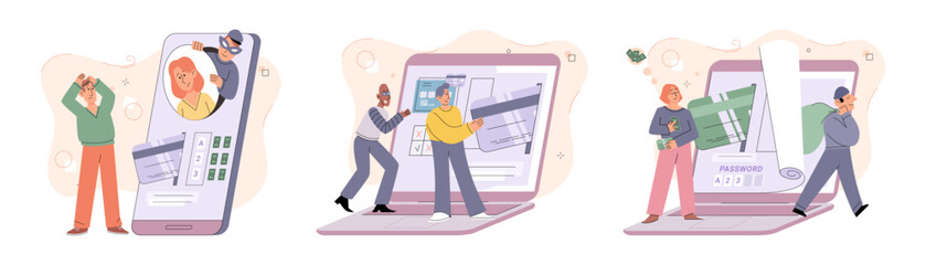 Hacker activity. Hacking computer. Phishing account, steal data, cyber attack. Stealing password. Cyber crime, theft personal information, cyber security spy access. Internet fraud scenes set metaphor